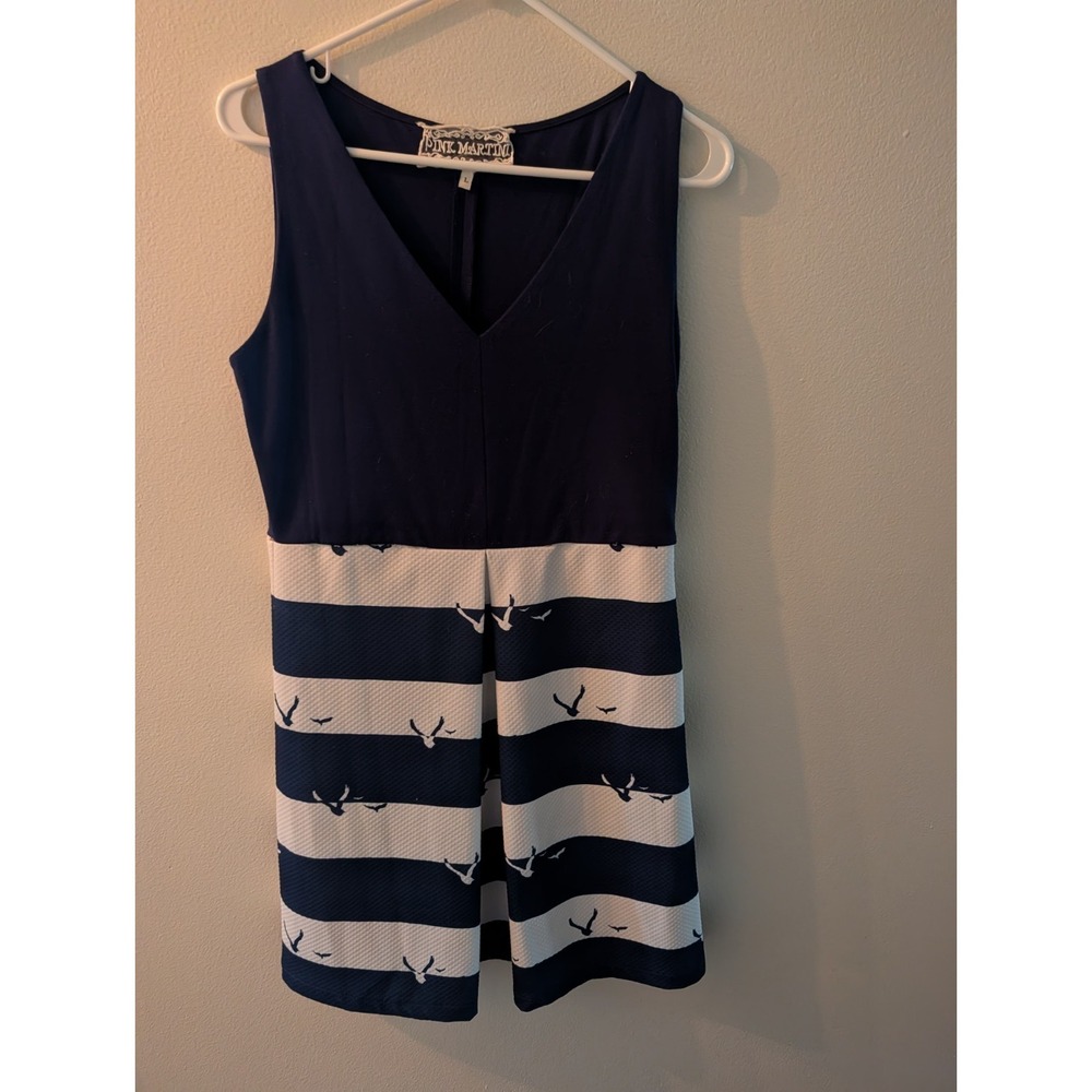 Pink Martini Vintage Sleeveless Fit & Flare Dress Size Large.Navy & White Seagul